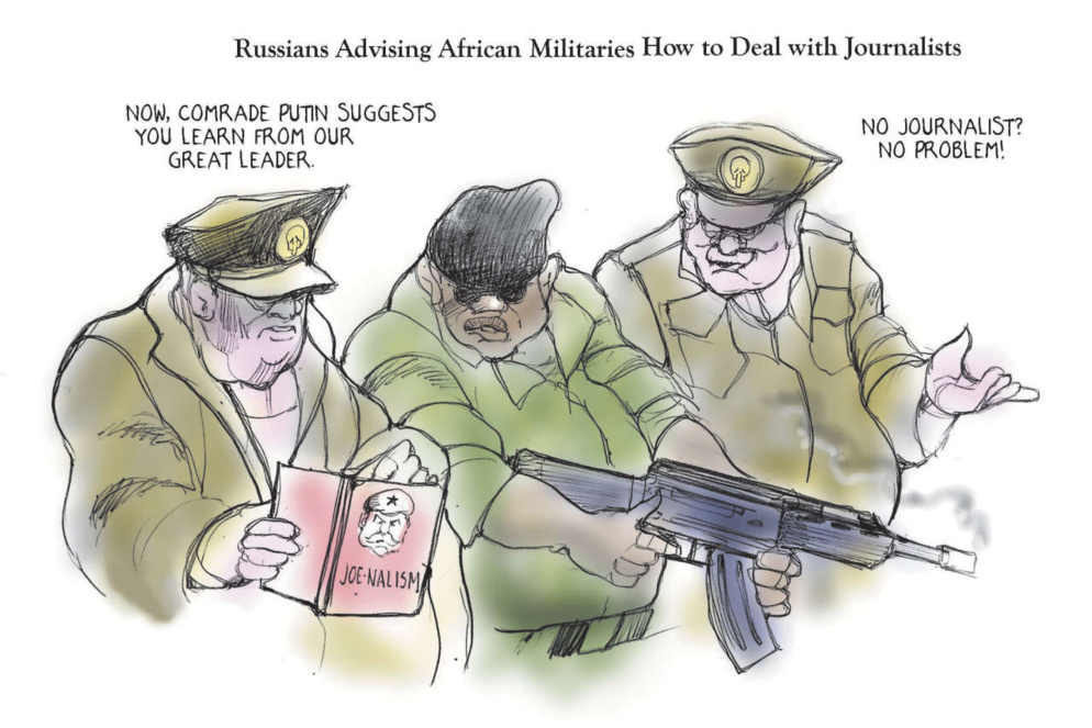 Les Russes apprennent aux militaires africains à traiter avec les journalistes. « Le camarade Poutine vous conseille de vous inspirer de notre grand leader. »