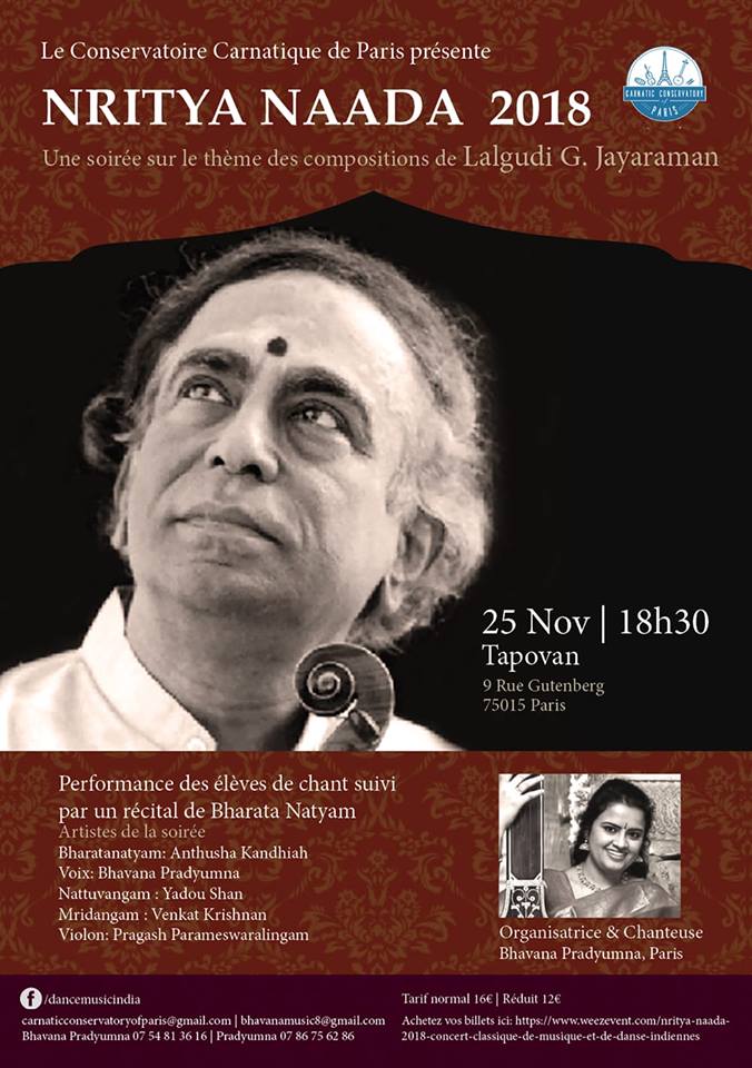 Festival de danses et de musiques carnatiques au Centre Tapovan à Paris le 25 novembre