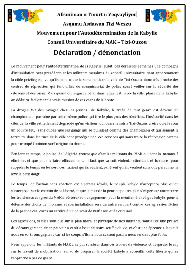 Rassemblement du Conseil universitaire de Tizi-Ouzou devant Hasnaoua : un long réquisitoire contre le régime colonial d’Alger et ses outils répressifs en Kabylie