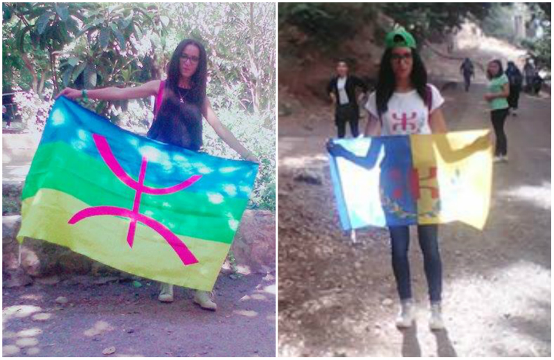 La jeune étudiante kabyle Lynda Soualah avec les drapeaux kabyle -à d.- et amazigh -à g.- (PH/DR)