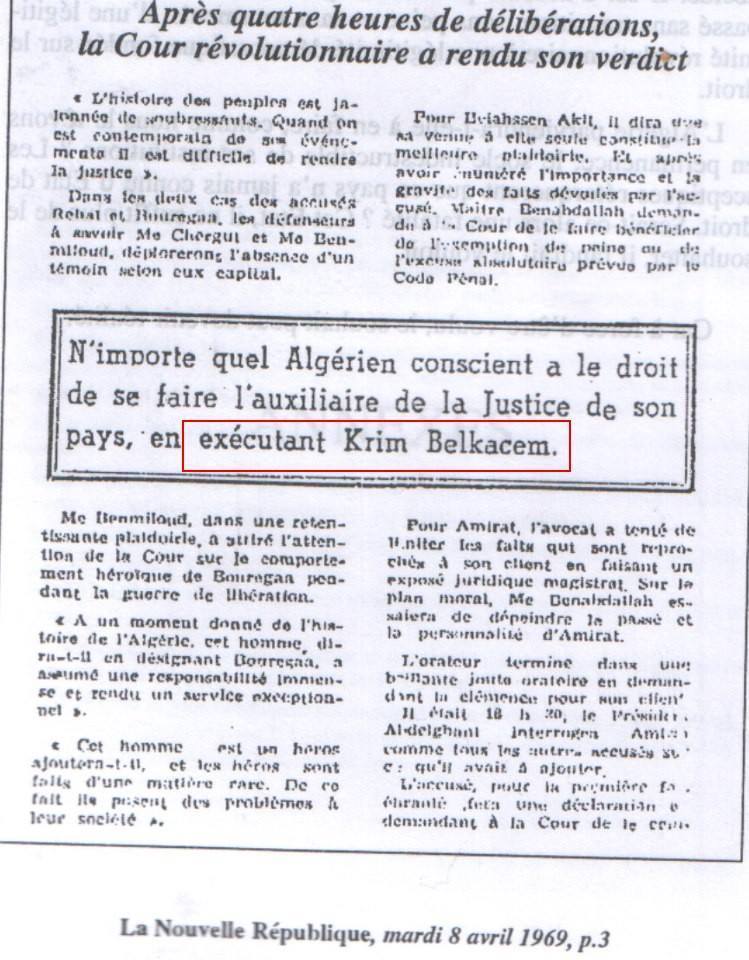 La sentence d'exécution de Krim Belkacem par le dictateur algérien Boumédiene (Paru in La Nouvelle République, édition du 8 avril 1969)