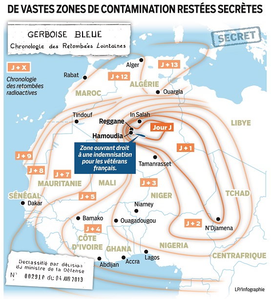 Carte déclassifiée de l'armée française sur les retombées radioactives de la "Gerboise bleue" (DR/Le Parisien)