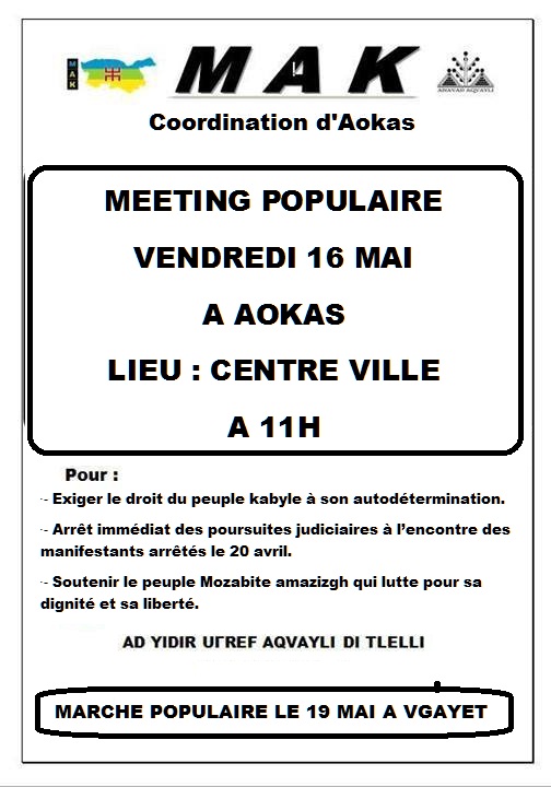 Le MAK organise un  meeting populaire  le vendredi 16 mai à Aokas