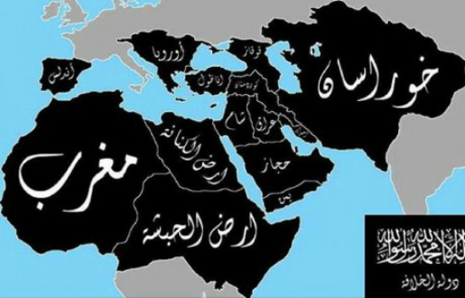 Carte publiée sur Twitter indiquant les territoires que les terroristes veulent conquérir d'ici cinq ans et étendre ainsi la domination du tout nouveau califat (PH/DR)