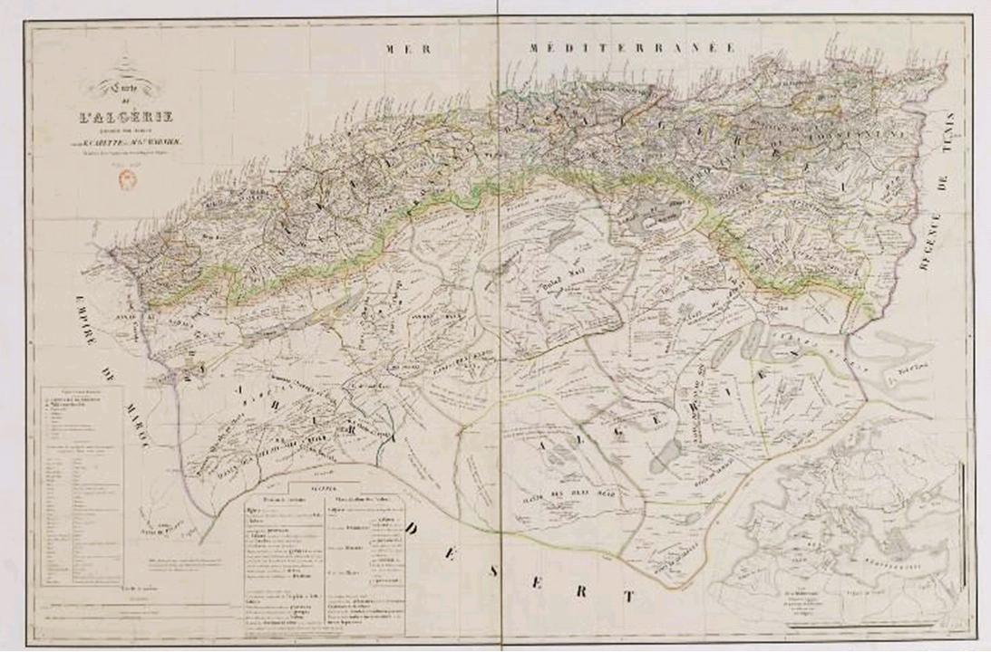 Carte globale des territoires occupés par la colonisation française et de la kabylie encore indépendante et dûment indiquée comme telle ( PH/bnf)