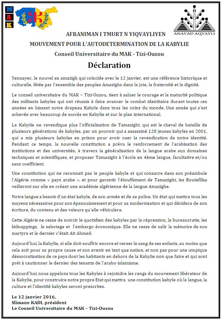 Conseil Universitaire du MAK deTizi-Ouzou "salue le courage et la maturité politique des militants kabyles"