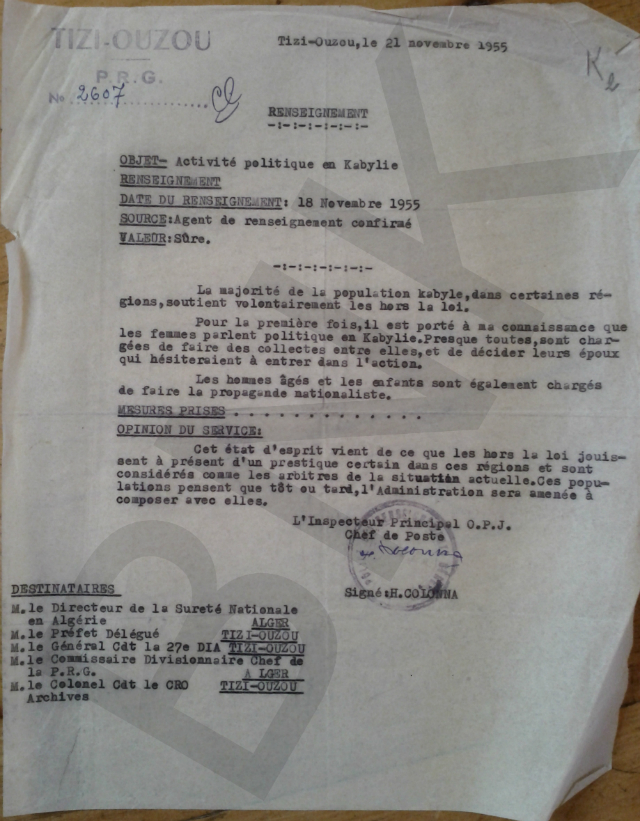 Document du 21/11/1955 issu du Fonds d'archives de la Bibliothèque nationale de Kabylie (PH/BNK)