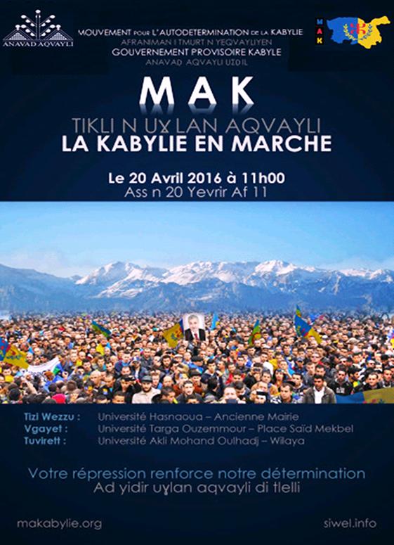 Non Monsieur le Wali ! En souvenir des 20 avril 1980 et 2001, en commémoration du printemps noir de Kabylie et des 130  kabyles abattus à l’arme de guerre par la gendarmerie algérienne, le peuple kabyle marchera avec le MAK, comme il le fait à chaque 20 avril depuis 2009. (PH/MAK)