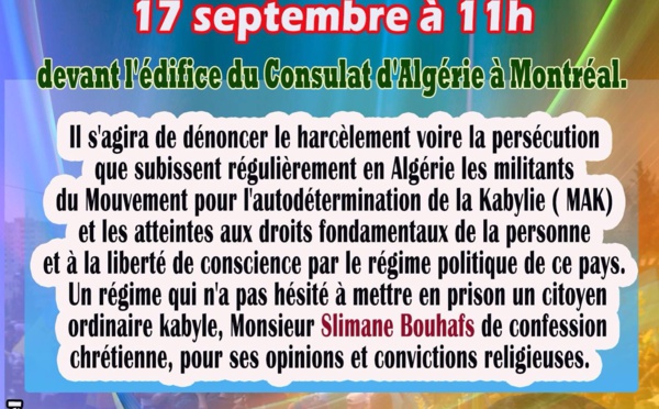 L'association Amitié Québec Kabylie appelle à un rassemblement devant le consulat général d'Algérie à Montréal le 17 septembre 2016 à 11h