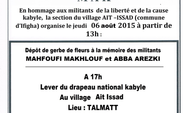 Ait Issad (Commune d'Ifigha): Lever du drapeau Kabyle le jeudi 06 août à 17h