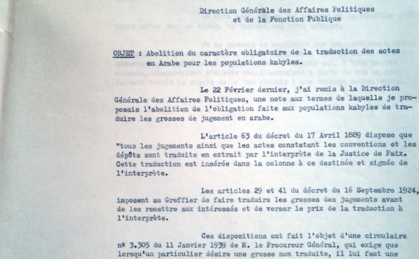 1957 : Abolition de l'obligation pour les Kabyles de traduire les grosses de jugement en arabe