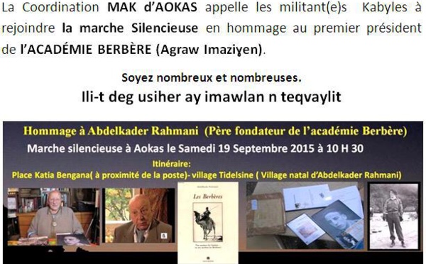 Marche silencieuse en hommage à Abdelkader Rahmani, Ier président de l'Académie berbère :  La Coordination MAK d'Aokas appelle à la mobilisation 