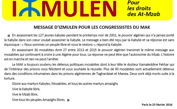 Mzab : Message d'Izmulen pour les congressistes du MAK